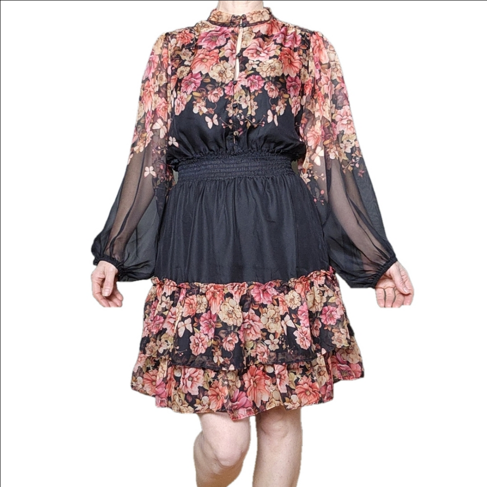 Dress Floral print ruffles Sheer puff sleeves Tiered AUTRES FILLES NWOT